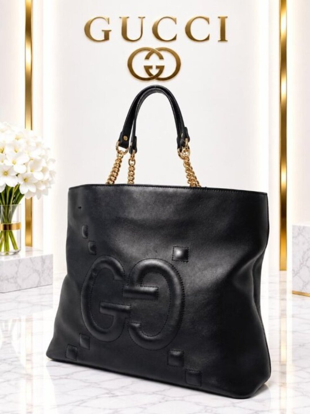 Authentic Gucci Black Leather GG Logo Chain Tote Shoulder Bag Gold Hardware